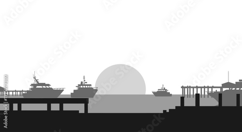 Minimalist Harbor Landscape with Boats and Sun Silhouettes
