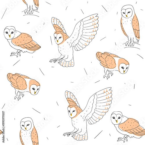 Seamless Pattern with Barn Owls Hand Drawn Line Art Background Vector Minimalist Sketch Style for Textile and Wallpaper