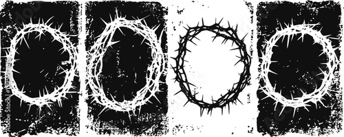 grunge circle frames made of barbed wire with distressed texture on black and white backgrounds