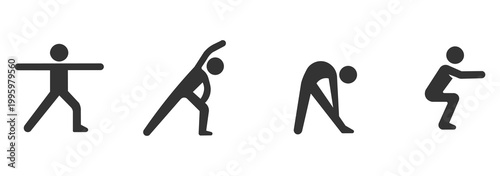 Stickman human icon set, Sports training action pack, Active sports movement collection. Isolated human silhouettes.