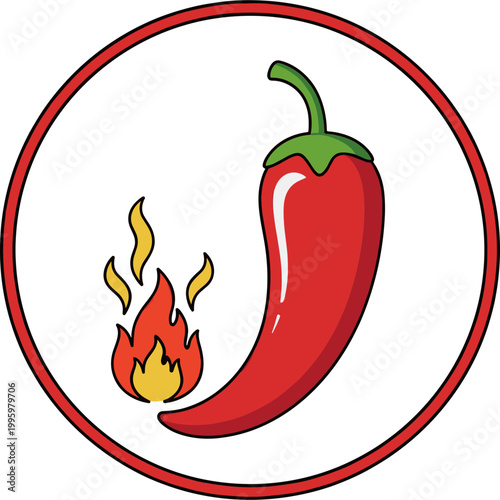 A red chili pepper with flames is burning fiercely inside a circle.
