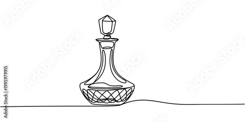 Antique cut glass decanter continuous one line drawing, Ink, pen. illustration crystal decanter for liquid, Old engraved illustration of glass work by J. & L. Lobmeyr, Vienna, Austria, Old engraved.