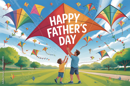 A father and son flying colorful kites on a sunny day in a park on transparent background