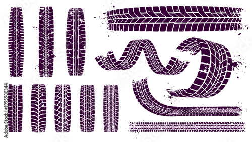 Set of grunge tire tracks and tread patterns, dirty skid marks collection