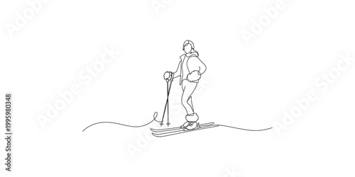 Continuous line drawing of a skier in winter clothing standing on skis with ski poles in hand on white background