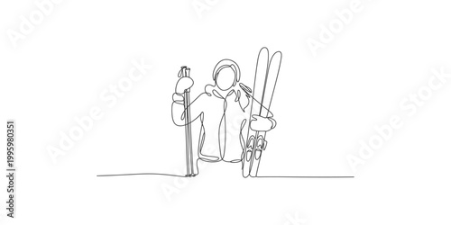 Continuous line drawing of a skier with skis and poles on white background