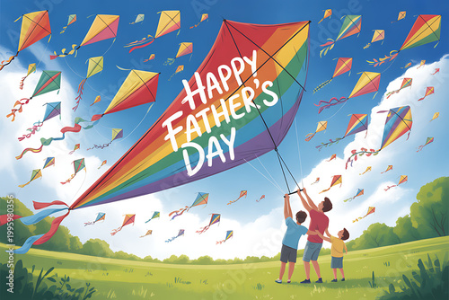A happy family flying colorful kites on a sunny Father's Day on transparent background