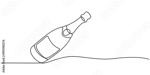 Wine bottle and drawing with one continuous line. One continuous line of a bottle and wine glass. Vector illustration.