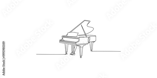 A beautiful line drawing of a grand piano on a white background with elegant lines and curves