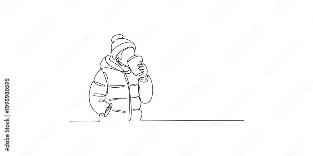 Obraz premium Continuous line drawing of a person wearing winter clothing and drinking from a cup on a white background