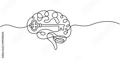  self drawing of single continuous line draw Arabian businesswoman put key into brain. Open minded personality. Mental health care, psychology. healthy soul. 