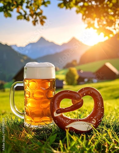 Beer and Pretzel in Green Landscape.