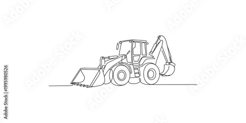 Continuous line drawing of a backhoe loader on white background in construction and industrial concept