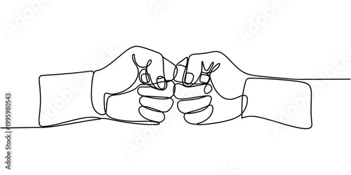 Continuous one line drawing of bro fist bump or pound lineart hands. Concept of brother giving a punch, Man and woman`s clenched fists bump. Continuous one line illustrated fist bump, hitting, attack.