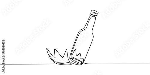 One line drawing of beer bottles were smashed at the end of the table until they broke into pieces. Stop and say no to alcohol campaign. Dry January, Broken beer glass bottle continuous one line.