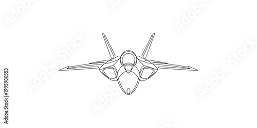 Detailed line drawing of a modern fighter jet aircraft from the front view isolated on white background