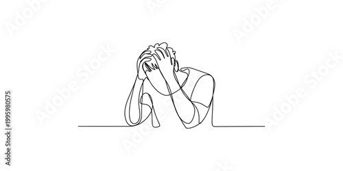 Continuous line drawing of a stressed person sitting on the floor with hands on face