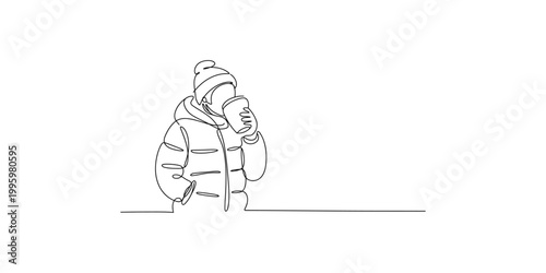 Continuous line drawing of a person wearing winter clothing and drinking from a cup on a white background