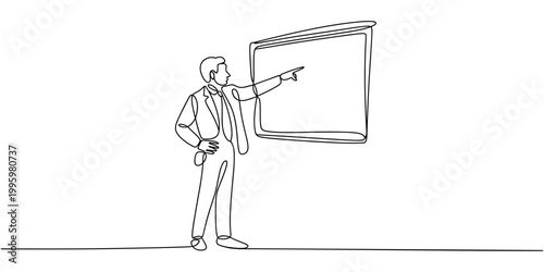 Continuous single line sketch drawing of standing businessman doing presentation pointing on board screen projector with stick explain something. One line art vector illustration