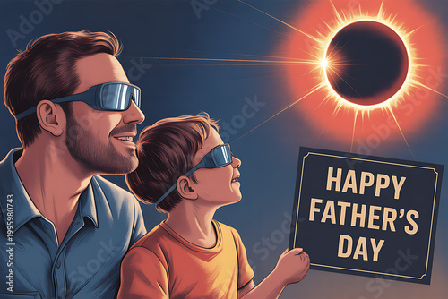 A man and a boy wearing solar eclipse glasses and holding a Happy Father's Day sign on transparent background