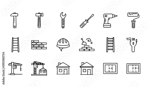 Construction and repair thin line icons set editable stroke building renovation and tools symbols collection isolated on white background