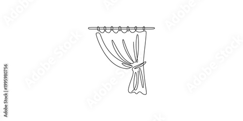 A line drawing of a curtain tied back on a rod with rings