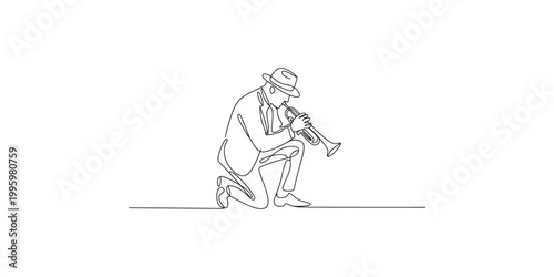 A man in a suit and hat playing a trumpet while kneeling on one knee on a white background