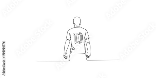 Continuous line drawing of a soccer player wearing number 10 jersey walking alone on a field