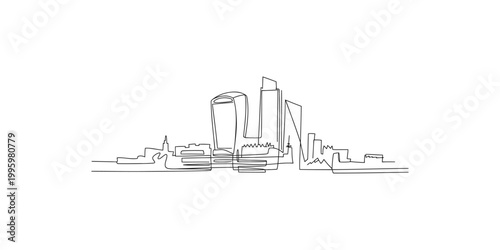 A continuous line drawing of a modern city skyline with sleek skyscrapers and buildings