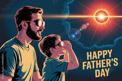 A father and son wearing solar viewing glasses to safely watch the sun on transparent background