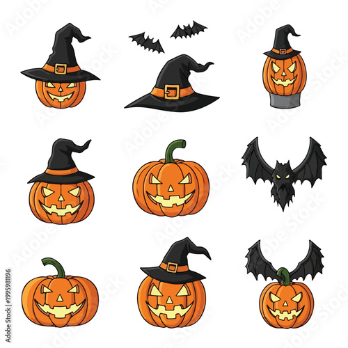 Halloween Pumpkins Wearing Witch Hats.