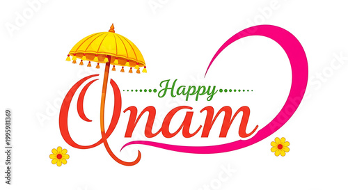 Happy onam festival logo with umbrella and flowers PNG isolated on transparent background