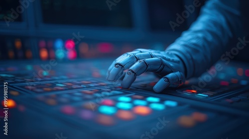 A robotic hand interacts with a futuristic control panel illuminated by colorful buttons in a dimly lit, high-tech environment.