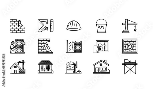 Minimal construction line icons horizontal set editable stroke building and renovation symbols isolated on white