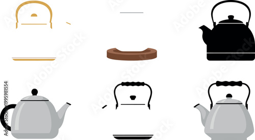 Teapot and kettle vector set with classic tea pots silhouettes and modern kitchen cookware flat illustration collection