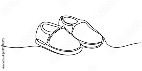 One continuous single line of baby shoes isolated on white background. Children s slippers, shoes, booties one line art. Continuous line drawing of clothes, dress, children s, wardrobe, dress up, neat