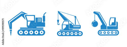 illustration set of Heavy Equipment Crawler Crane. Building Demolition Machines, lifting equipment, crusher equipment with Wrecking Ball. heavy equipment icons on a white background