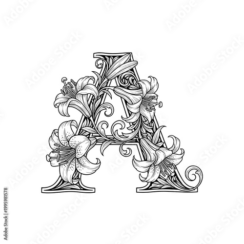 Elegant Floral Monogram Letter A with Ornate Lily Illustration