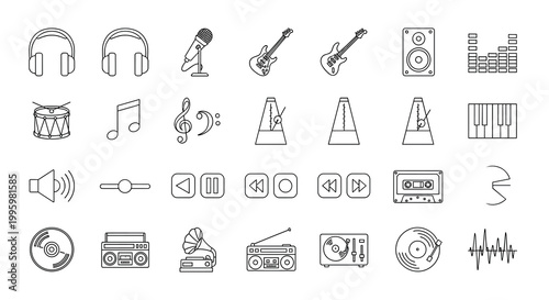 A collection of black line icons related to music and audio, Generative AI.