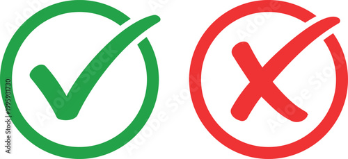 Green Check Mark and Red Cross Icons in Circles: Isolated Symbols for Validation, Approval, and Rejection