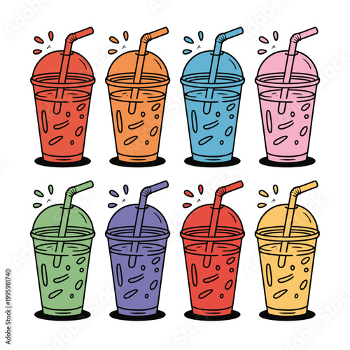 Colorful drinks with straws in clear plastic cups on a light blue background