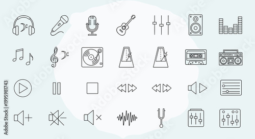 A collection of black line icons related to music and audio on a light blue background, Generative AI.