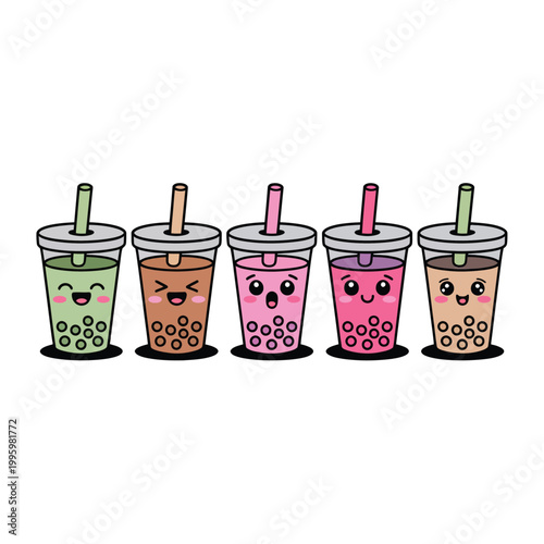 Colorful cartoon bubble tea cups with straws and happy faces on a pastel background