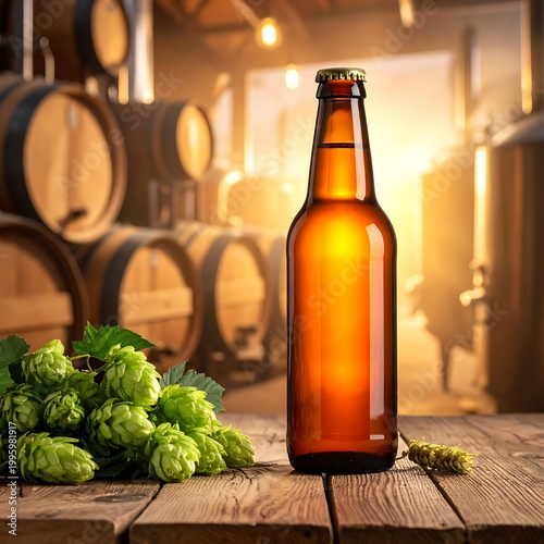Beer bottle with hops on wooden table.