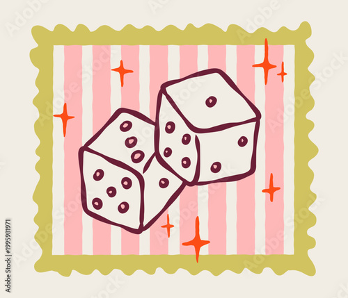 Hand-drawn dice stamp illustration. Casino, Las Vegas, and gambling concept. Symbol of luck, chance, and tabletop games. Perfect for gaming and entertainment design.