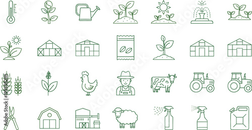 Agriculture line icons set farming elements including plants greenhouse tractor livestock tools and equipment minimal outline vector illustration isolated background