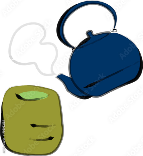 筆で描いたシンプルな和風湯呑みのお茶と急須のイラスト