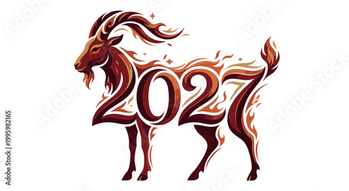 Fiery 2027 goat silhouette formed from flowing numerals and ember edged contours capturing zodiac vigor celebratory symbolism and blazing movement in a sleek modern year emblem