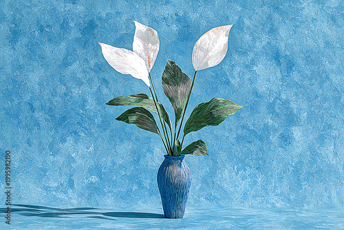 Paper Crafted white Peace Lily with Leaves in Antique Blue Vase, Elegant Floral Art on crafted sky blue paint Backdrop