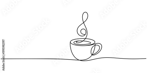 coffee cup with music sign continuous one line drawing , self drawing of continuous line draw Cup of coffee with musical notes. Music cafe concept.